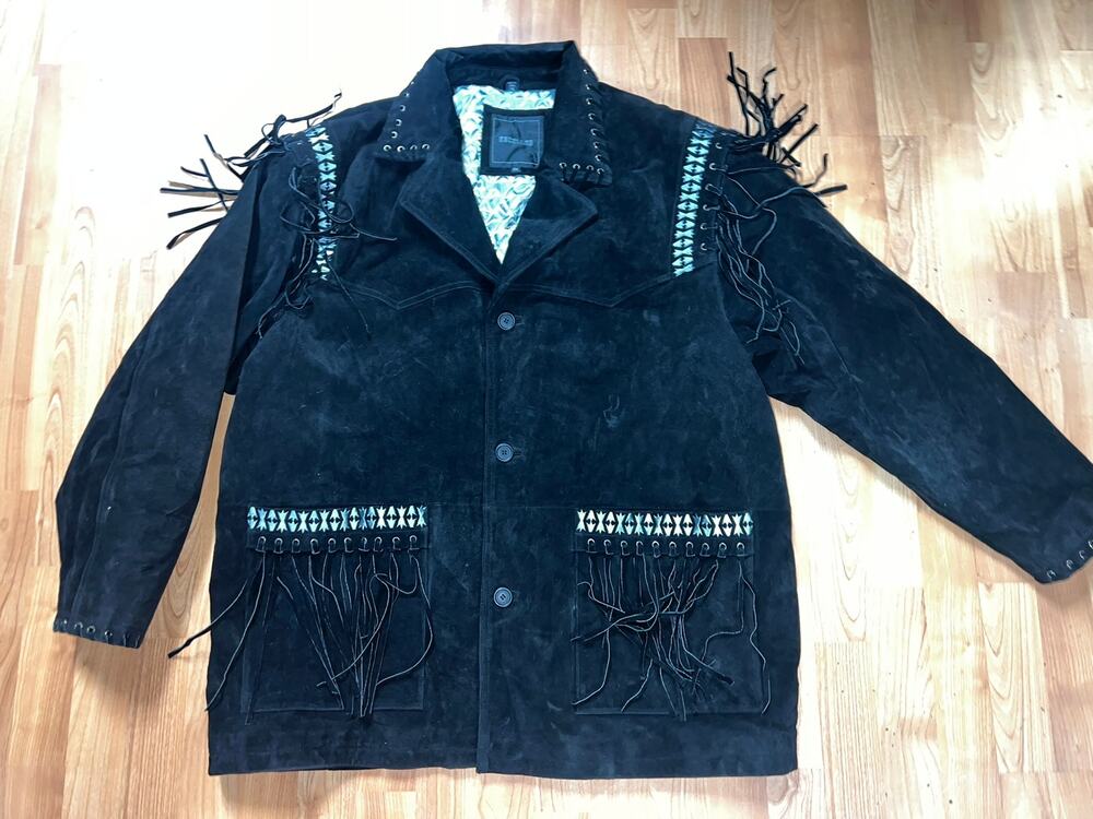 Vintage Black Fringe Jacket Western Black Suede Detailed Coat VTG Excelled 2XL